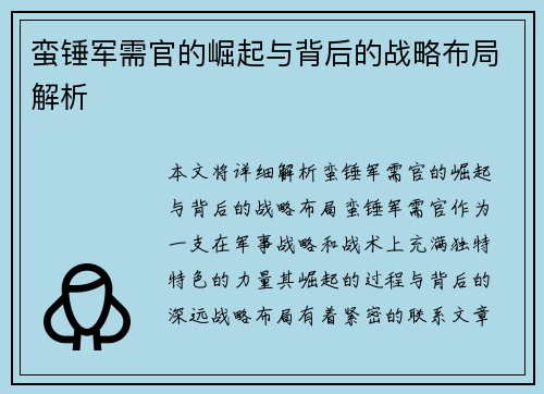 蛮锤军需官的崛起与背后的战略布局解析 蛮锤军需官的崛起与背后的战略布局解析